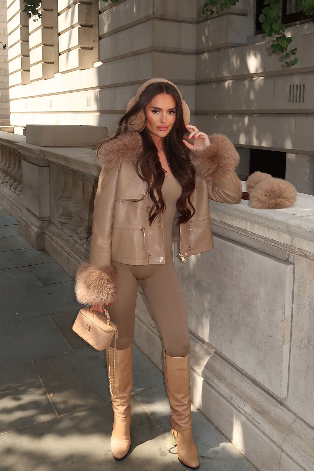 taupe leather look jacket with fur cuff and collar styledup uk