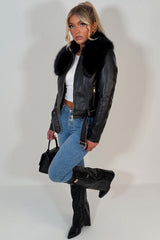 faux fur collar faux leather jacket styledup uk
