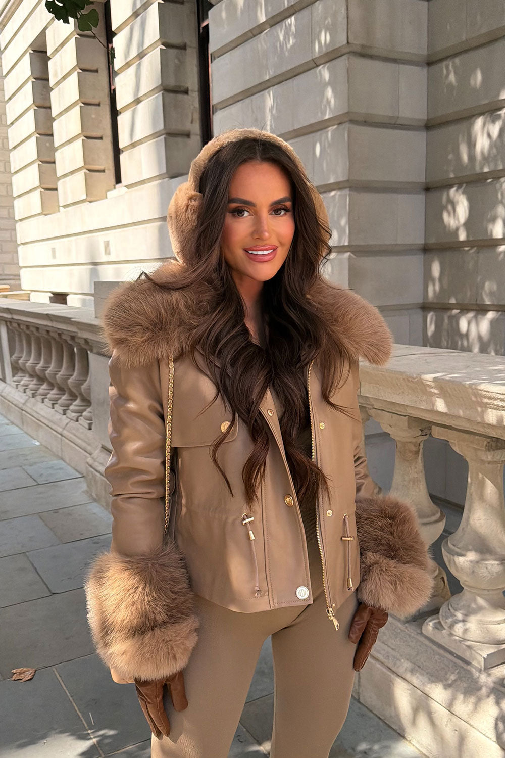 taupe faux leather faux fur collar and cuff winter jacket trendy outerwear for womens uk styledup