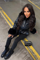 womens leather look jacket with fur collar and cuff black styledup