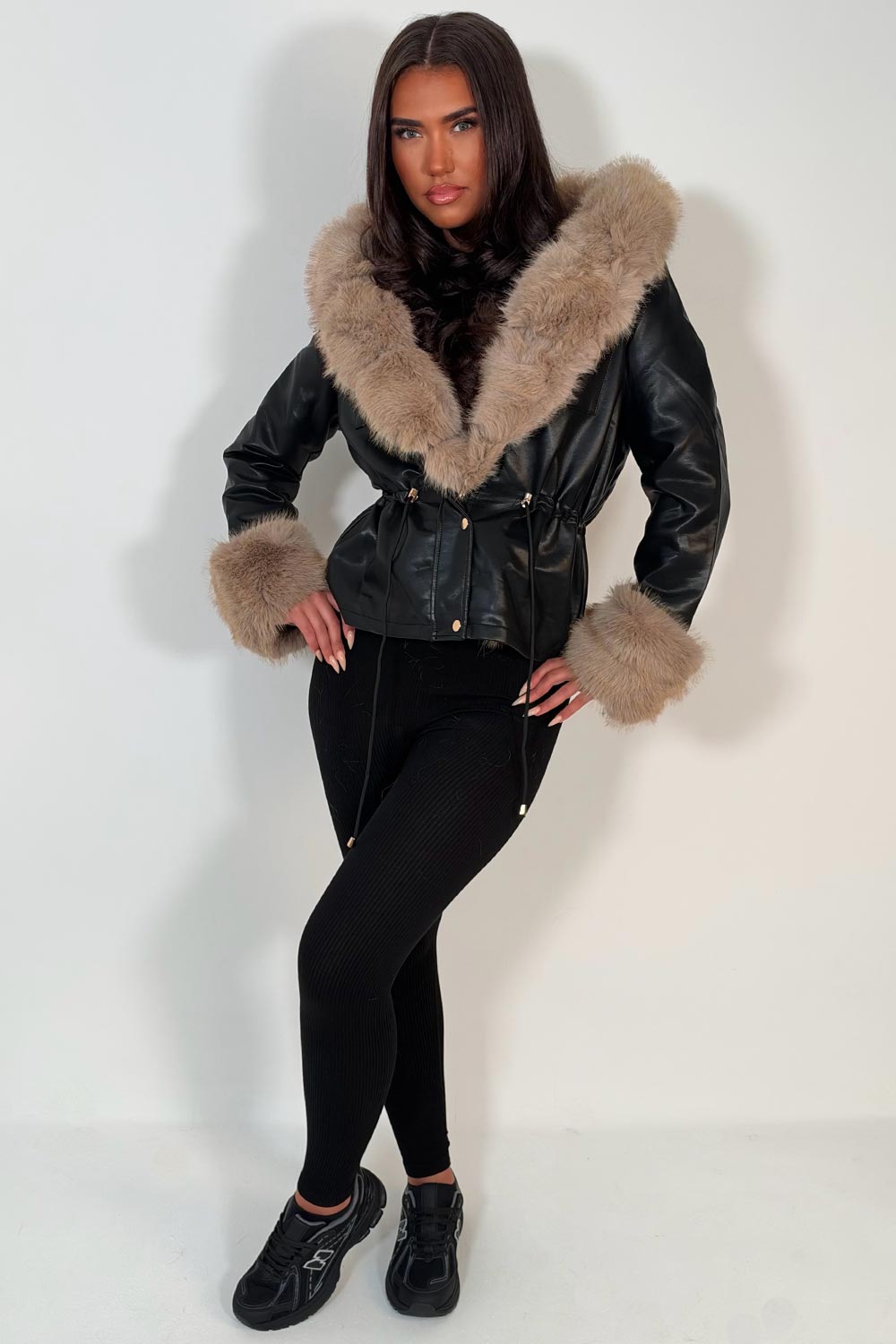 womens faux fur hood faux fur cuff faux leather jacket with adjustable drawstring waist styledup uk
