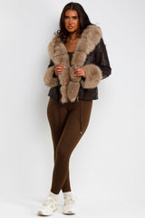 womens faux fur hood faux fur cuff faux leather jacket with adjustable drawstring waist styledup uk