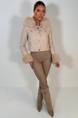 faux fur cuff faux fur hood faux leather jacket with gold buttons styledup uk