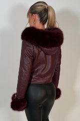 faux fur hood faux leather jacket with gold buttons styledup uk