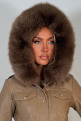 faux fur cuff faux fur hood faux leather jacket with gold buttons styledup uk