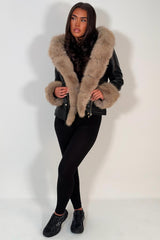 black faux leather faux fur hood and cuff winter jacket trendy outerwear for womens uk styledup