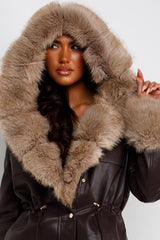 brown faux leather faux fur hood and cuff winter jacket trendy outerwear for womens uk styledup