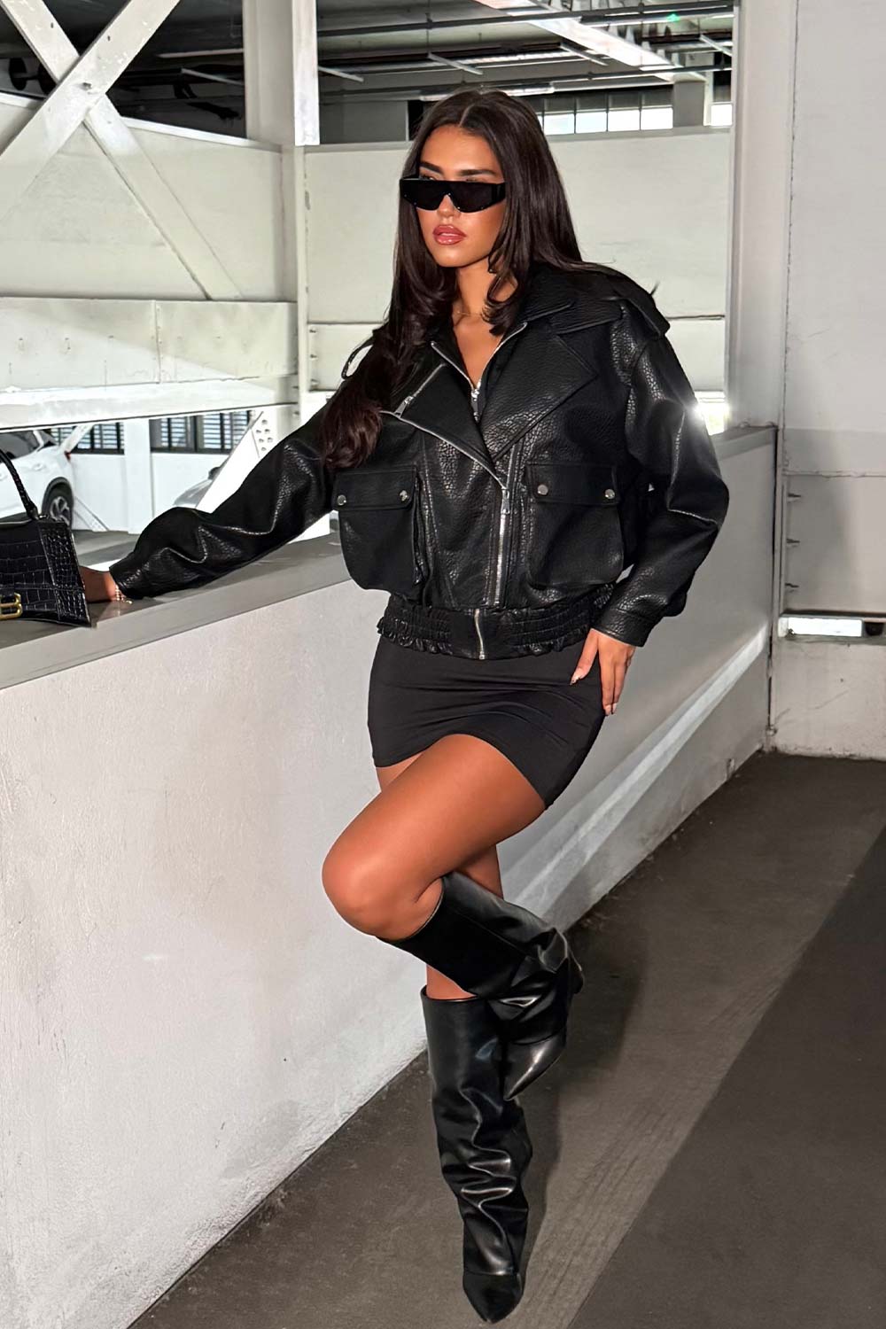 womens leather look bomber jacket black styledup uk