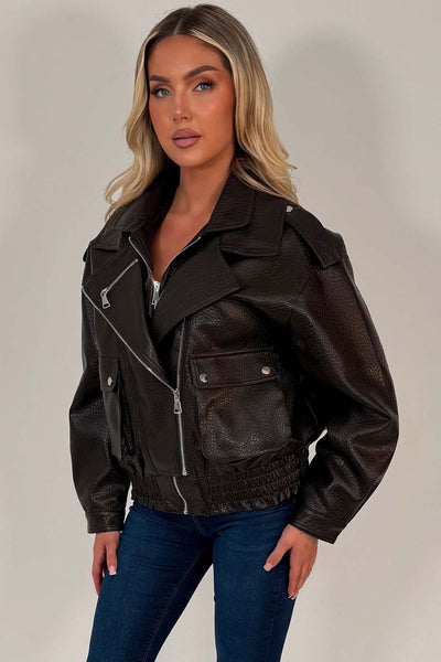 womens leather look bomber jacket brown styledup uk