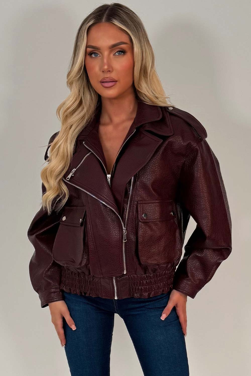 womens burgundy leather effect bomber jacket styledup uk