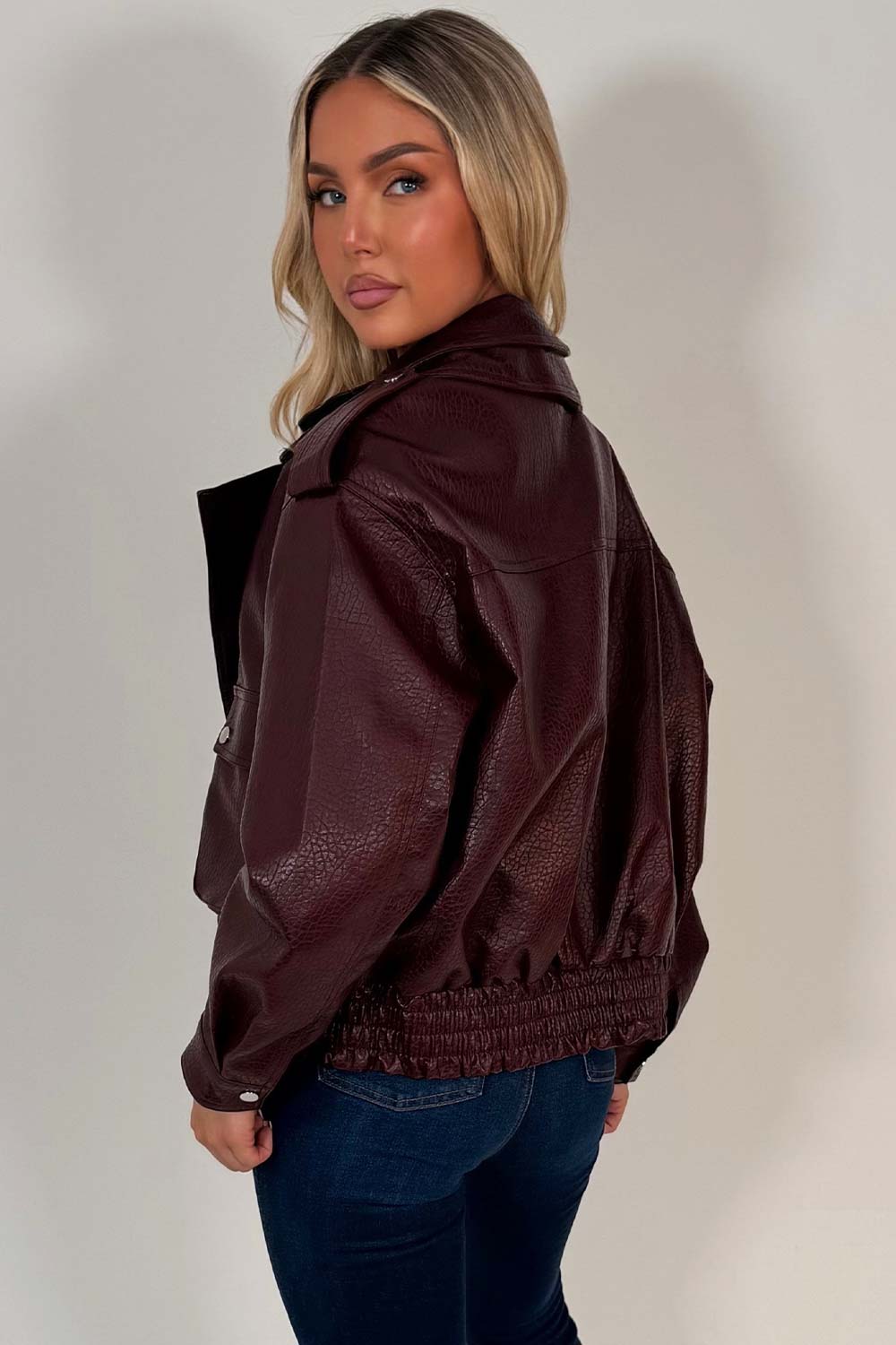 zara faux leather jacket burgundy styledup uk