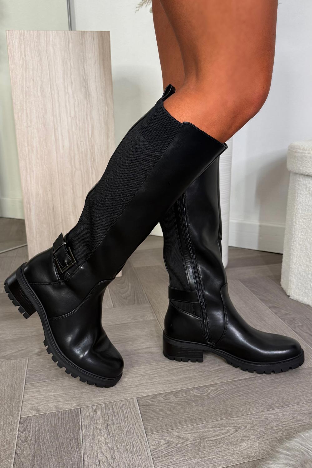 black faux leather knee high boots uk