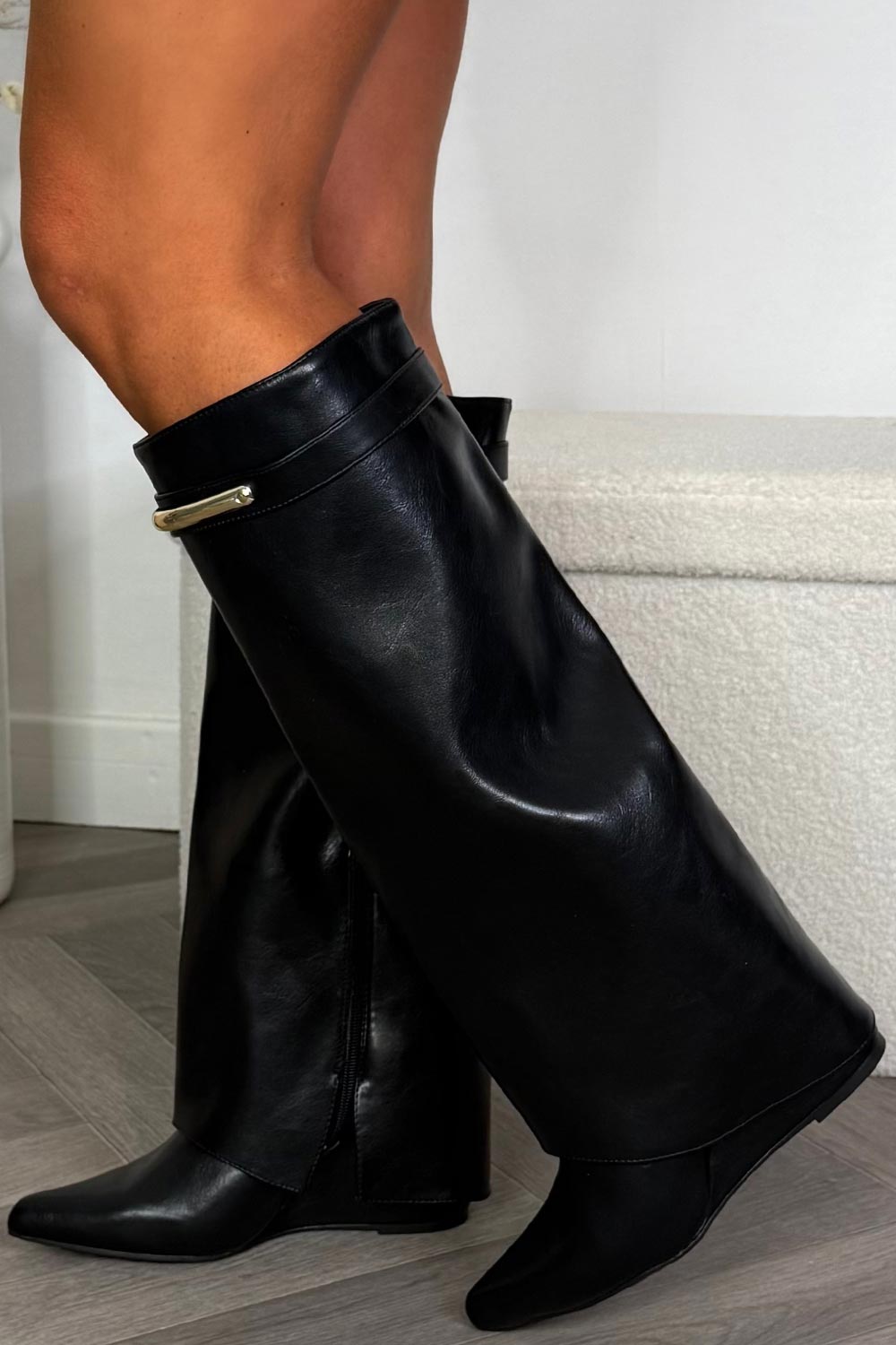 womens black knee high fold over cowboy boots faux leather uk