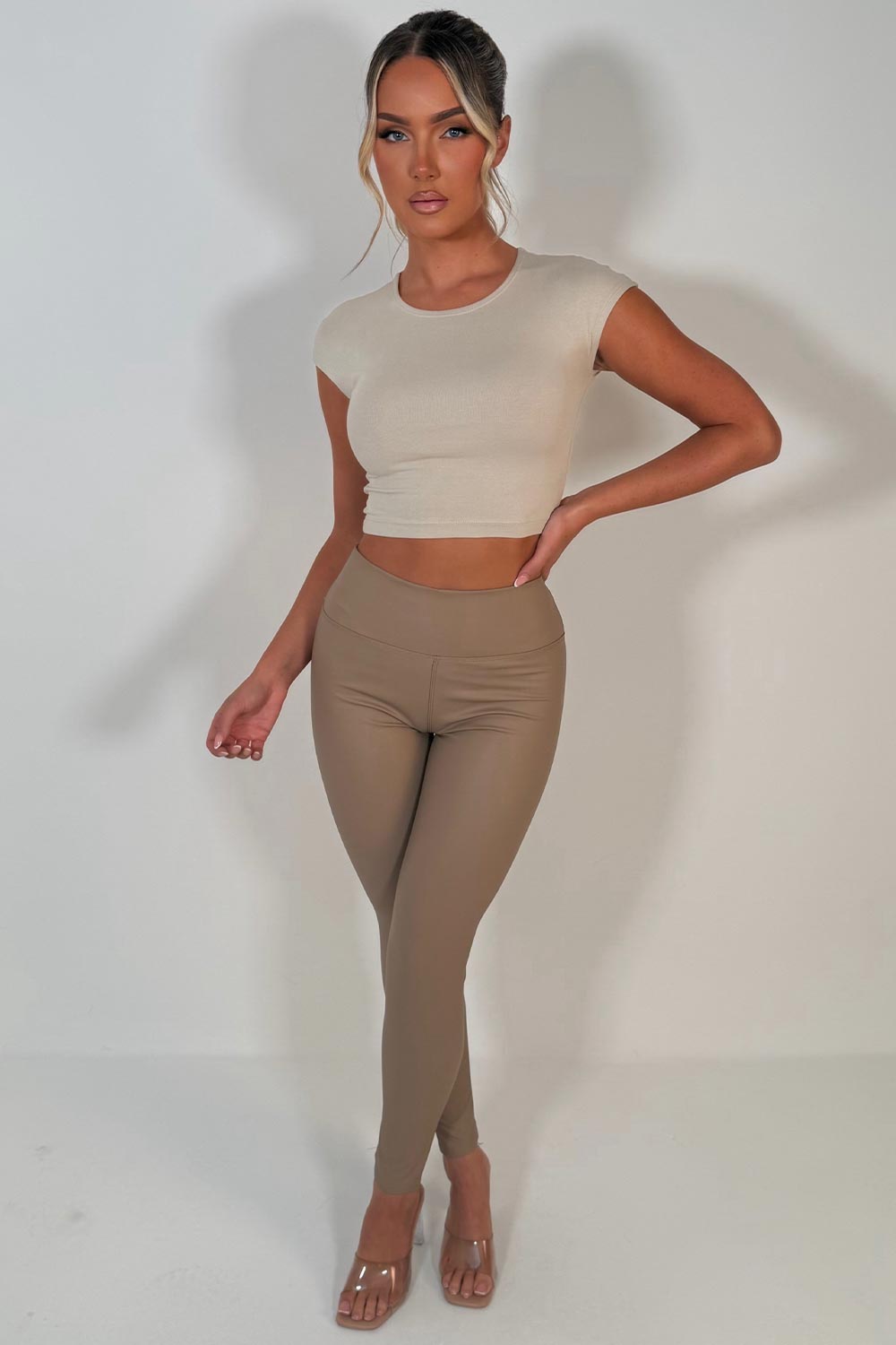 faux leather high waist leggings taupe 