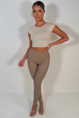 faux leather high waist leggings taupe 