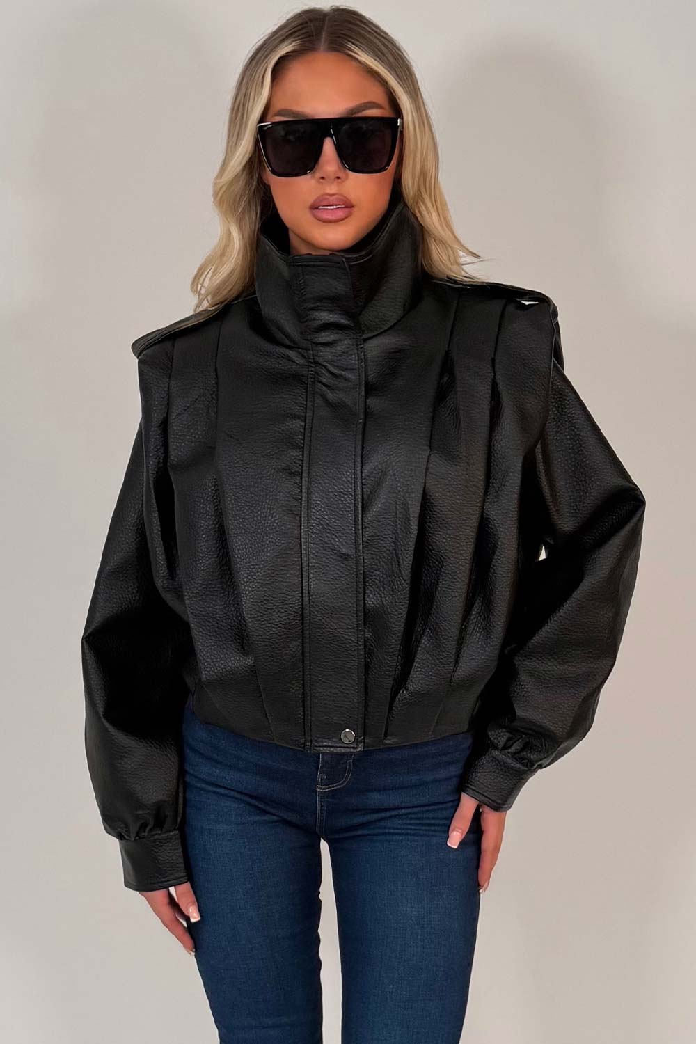 womens long sleeve leather effect bomber jacket funnel neck zara uk womens 