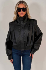 womens long sleeve leather effect bomber jacket funnel neck zara uk womens 