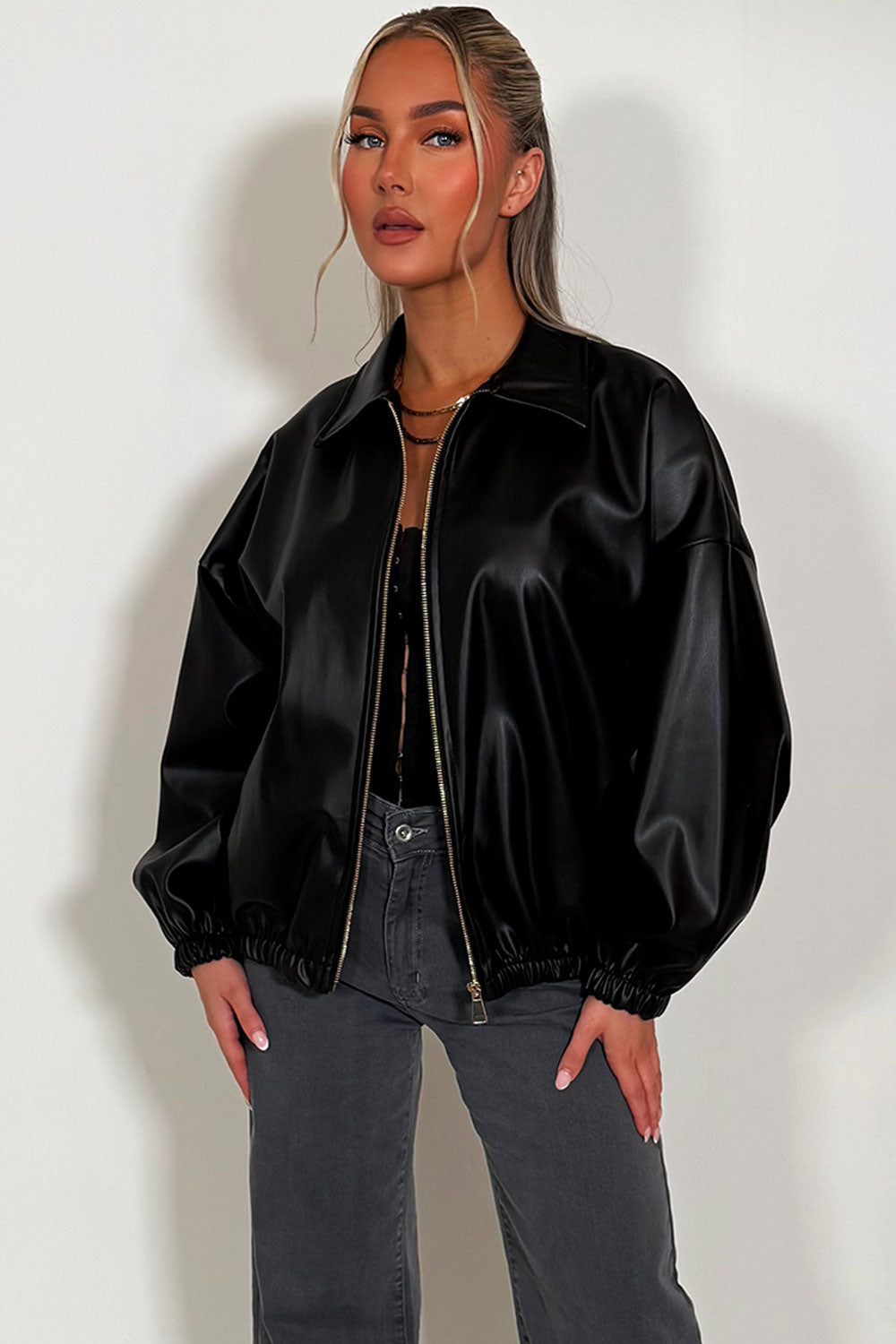 zara womens faux leather bomber jacket with long sleeves styledup 
