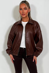zara womens faux leather bomber jacket with long sleeves styledup 