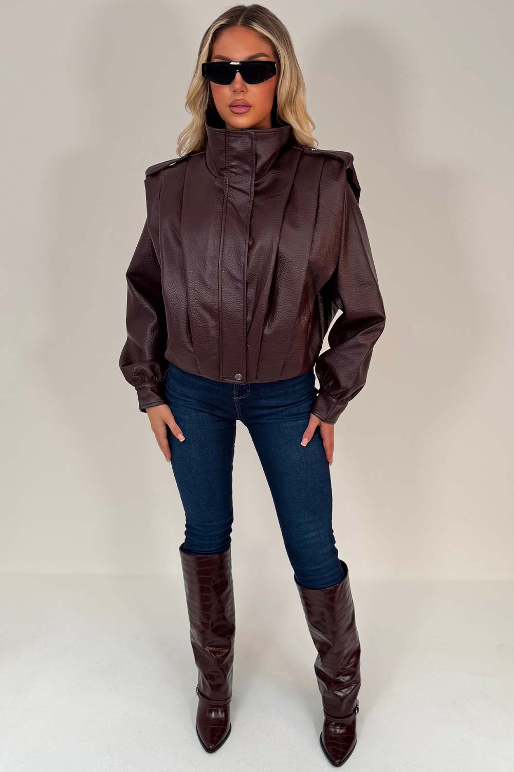 faux leather funnel neck bomber jacket womens uk styledup