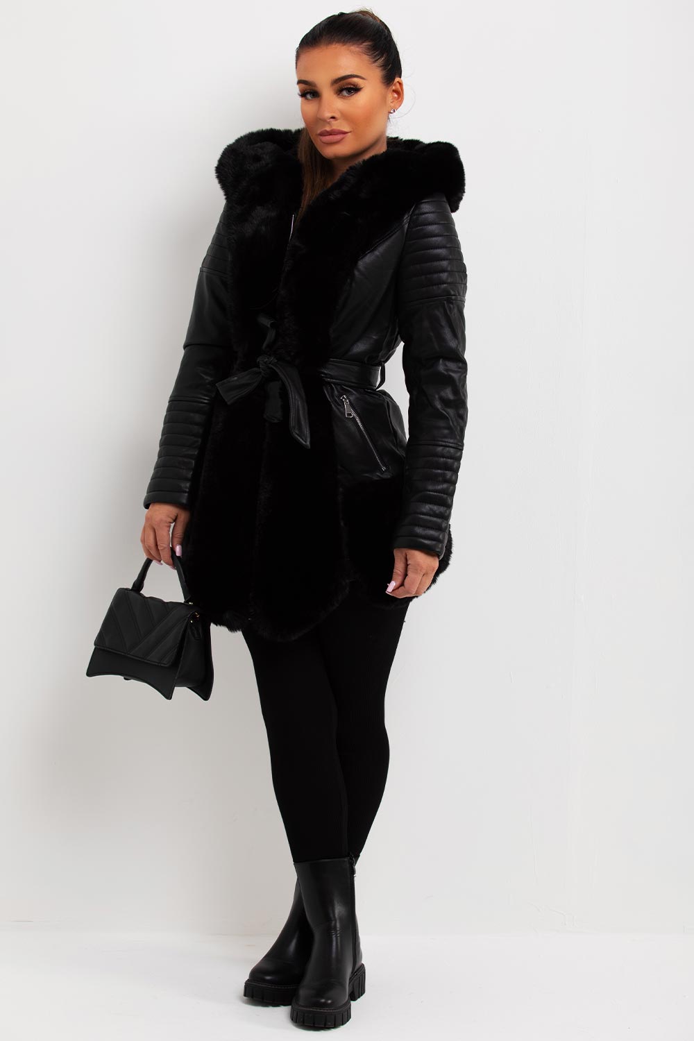 womens faux leather fur panelled jacket with hood