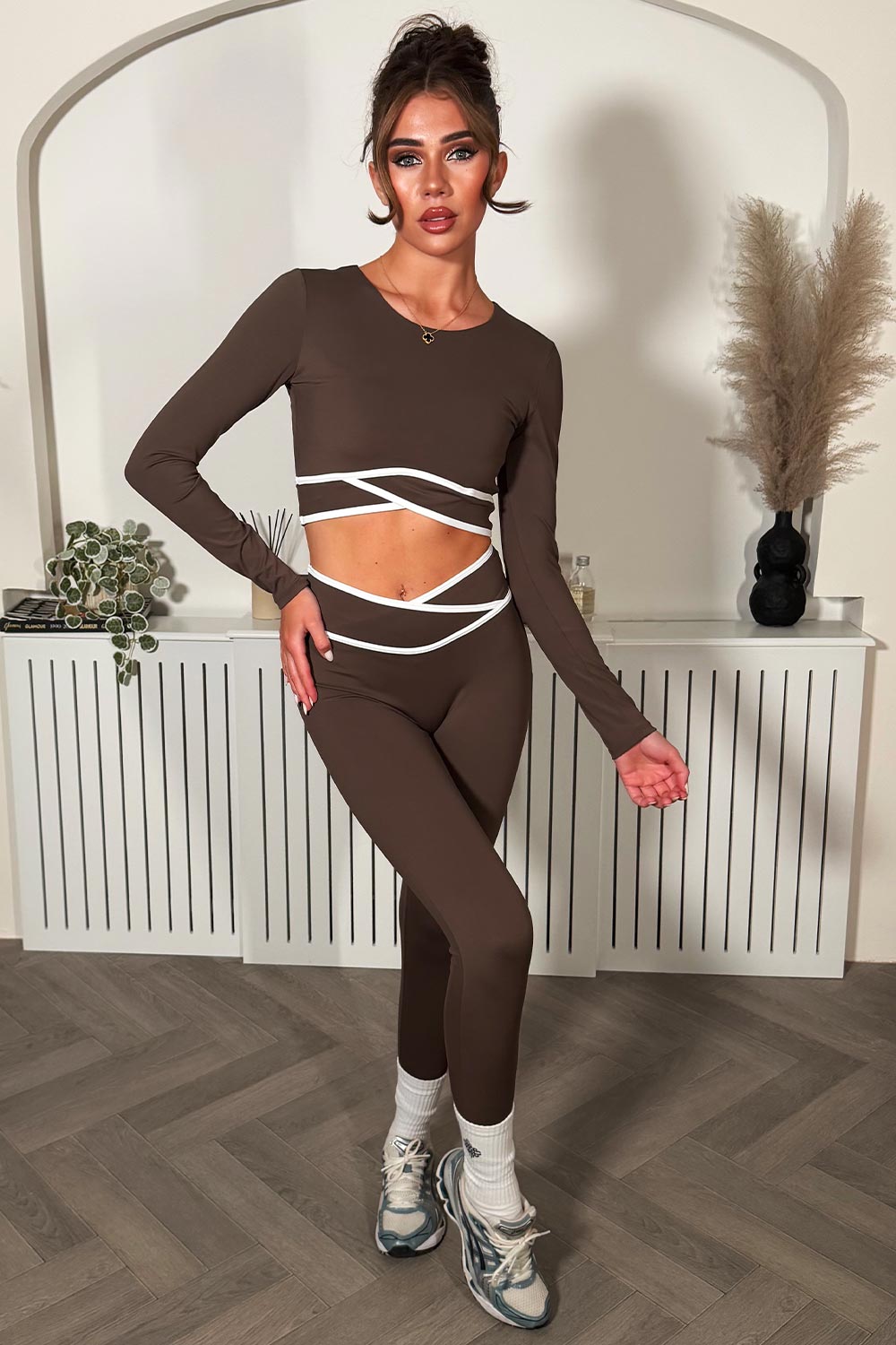 crossover v waist high rise compression leggings and long sleeve crop top two piece co ord set with four way stretch supportive feels cool and sleek styledup 