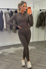 womens brown zip up sports track jacket bralette and seamless leggings 3 piece co ord set lululemon yoga activewear outfit 