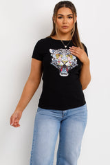 womens diamante tiger detail t shirt white