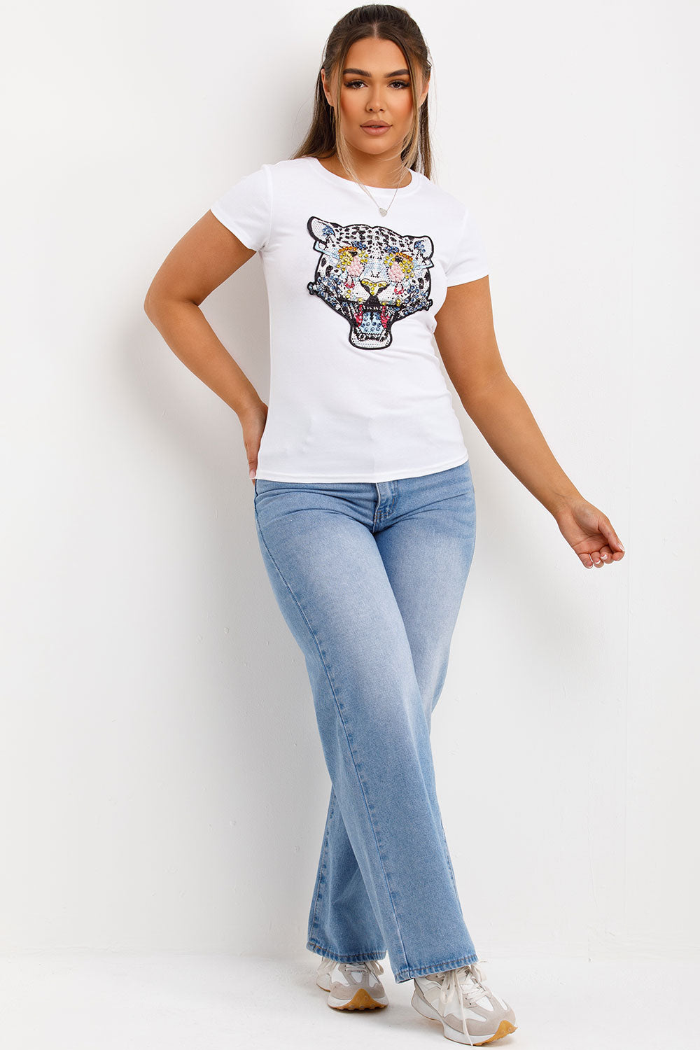 diamante tiger detail t shirt for womens