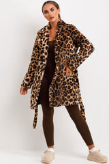 belted leopard print fur coat with collar and button fastening