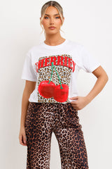 womens white t shirt with leopard print cherry print oversized