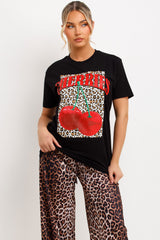 black t shirt with cherries leopard print womens