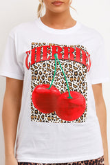 white t shirt with cherries leopard print womens