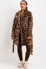 womens leopard print faux fur coat with belt and collar sale outerwear