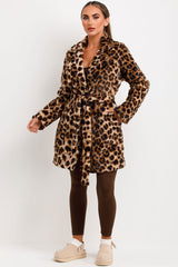 womens leopard print faux fur coat with belt and button fastening