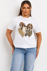 white t shirt with leopard print heart graphics