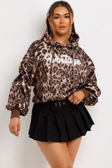 womens vintage leopard print hoodie sweatshirt with ruched sleeves styled up