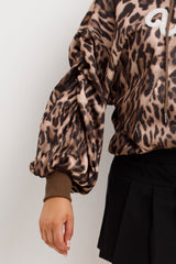 womens hooded leopard print sweatshirt with ruched sleeves and vintage embroidery