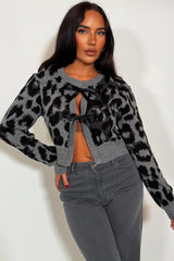 womens leopard knitted cardigan with satin bow tie front christmas party outfit styledup