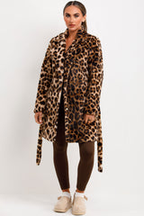 womens leopard print fur coat with collar and belt sale