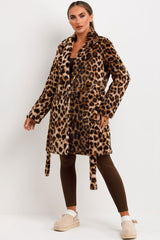 faux fur coat with belt and button fastening leopard print