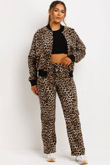 womens bomber sweatshirt with zip and straight leg joggers tracksuit set loungewear co ord set leopard print