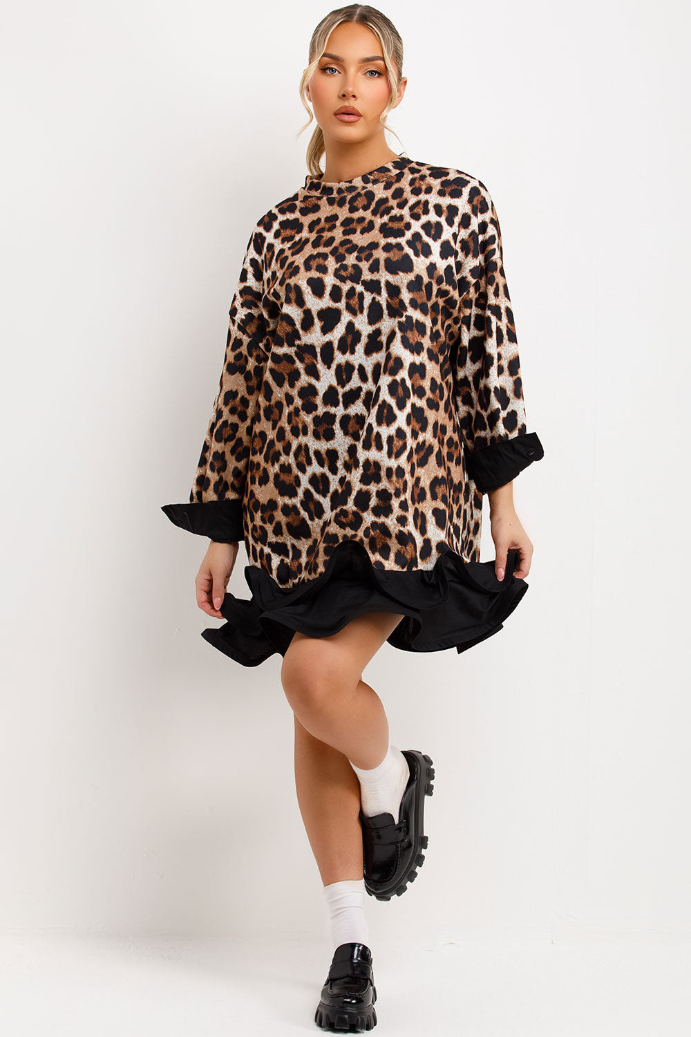 womens oversized leopard print sweatshirt long sleeves frill hem