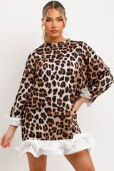 oversized leopard print sweatshirt dress with frill hem long sleeves