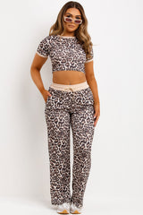 leopard print ribbed wide leg trousers and crop top co ord loungewear set airport outfit