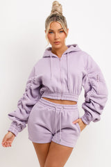 ruched sleeve crop zip hoodie and shorts tracksuit set womens