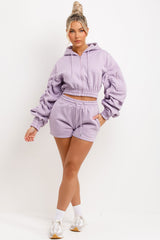 womens runner shorts and crop zip hoodie with ruched sleeves two piece tracksuit set for summer 