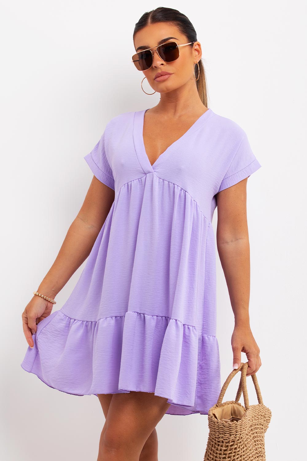 Women's Tiered Smock Summer Dress Lilac Holiday Outfit – Styledup.co.uk