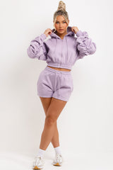 womens crop zip up hoodie with ruched sleeves and shorts tracksuit set