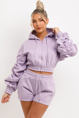 crop zip hoodie with ruched sleeves and shorts tracksuit set